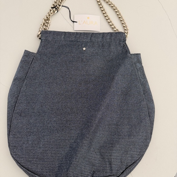 L'AURA Denim Striped Sparkle Miami Shoulder Bag Chain Strap NWT Large Bag - Picture 2 of 8